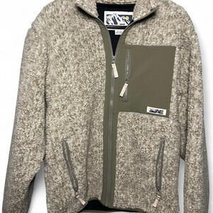 American Eagle Beige Sherpa Fleece Zip Jacket — Olive Green Panels (S)